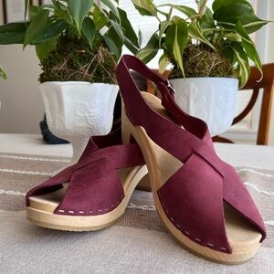 Burgundy Suede Mules with Wooden Platform Heel